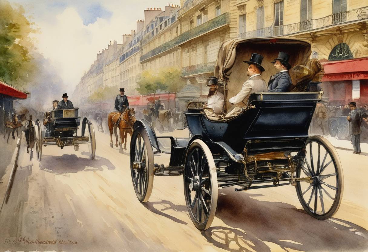 Watercolor painting based depiction of The first ever motorized vehicle advertisement ran in the city of Paris, France. This vehicle was a gasoline-powered horseless carriage, leading to a revolution in transportation. (1894)