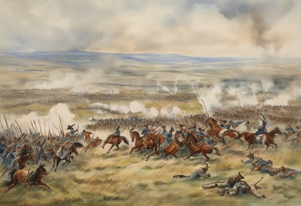 Watercolor painting based depiction of The Battle of Little Big Horn is fought five days earlier and on this date, the bodies of U.S. troops are buried on the battlefield in Little Bighorn. (1879)