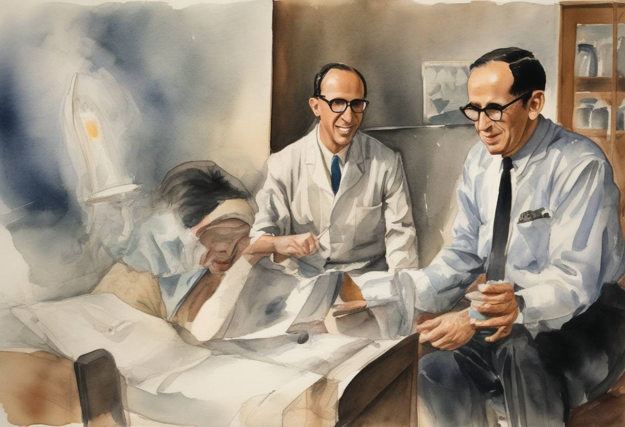 Watercolor painting based depiction of Dr. Jonas Salk announces on a national radio show that he has successfully tested a vaccine against poliomyelitis, the virus that causes the crippling disease of polio. (1953)