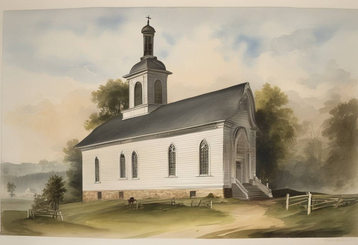 Watercolor painting based depiction of The Congregational Church of Hudson, Ohio, is organized by 37 members, marking a significant development in the establishment of religious institutions in the American Midwest. (1837)