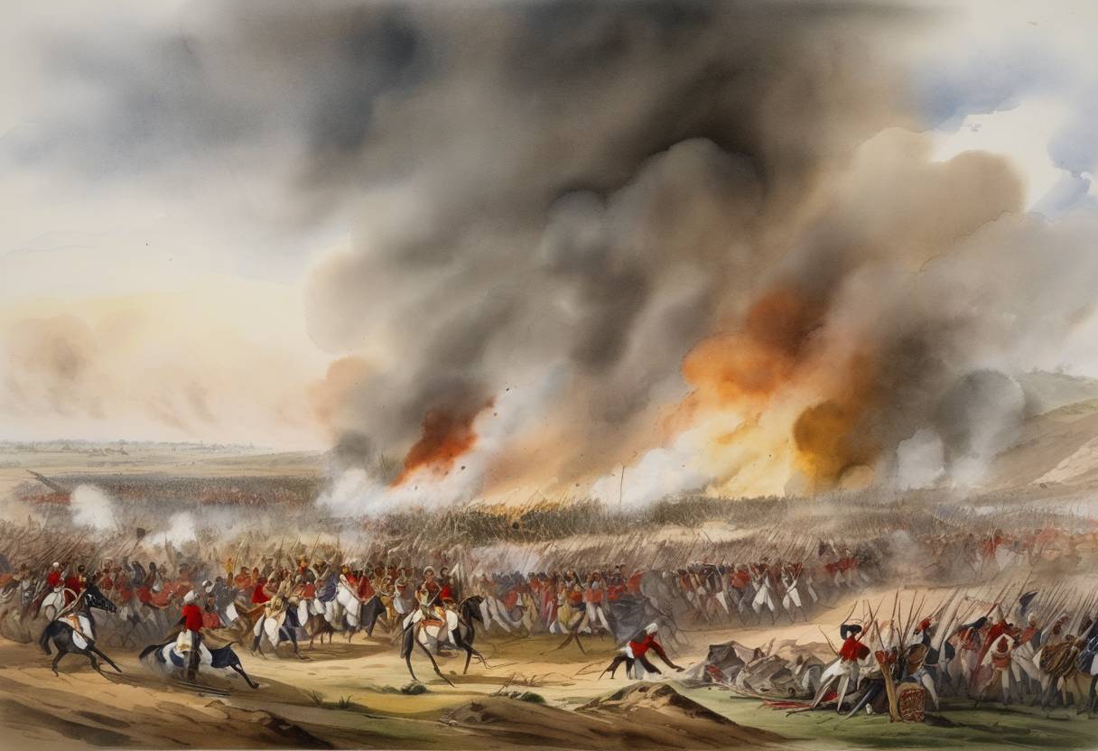 Watercolor painting based depiction of The Battle of Aliwal took place during the First Anglo-Sikh War, in which the British forces, led by Sir Harry Smith, defeated the Sikh army. (1846)