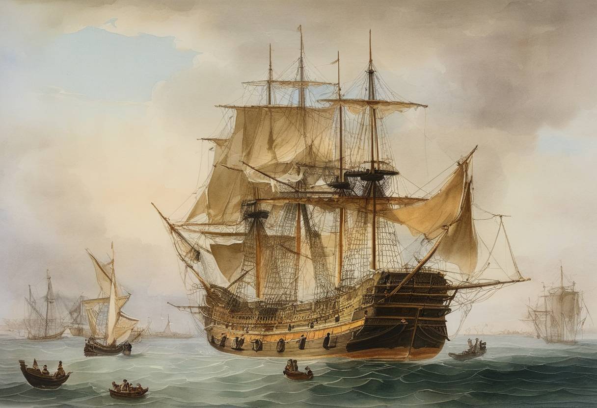 Watercolor painting based depiction of Manila Galleon: Spanish ship San Carlos left Manila, beginning the final Manila Galleon trade route, a vital part of the commerce between Asia and the Americas. (1756)