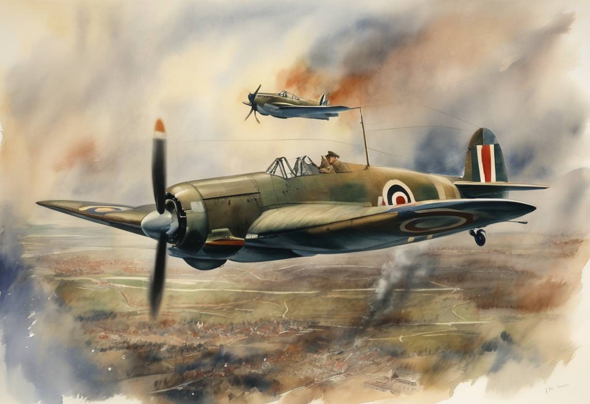 Watercolor painting based depiction of In Montreal, Canada, the famous Battle of Britain speech by Prime Minister Winston Churchill is broadcast, signaling the resolve of the United Kingdom in the ongoing air campaign against Nazi Germany. (1940)