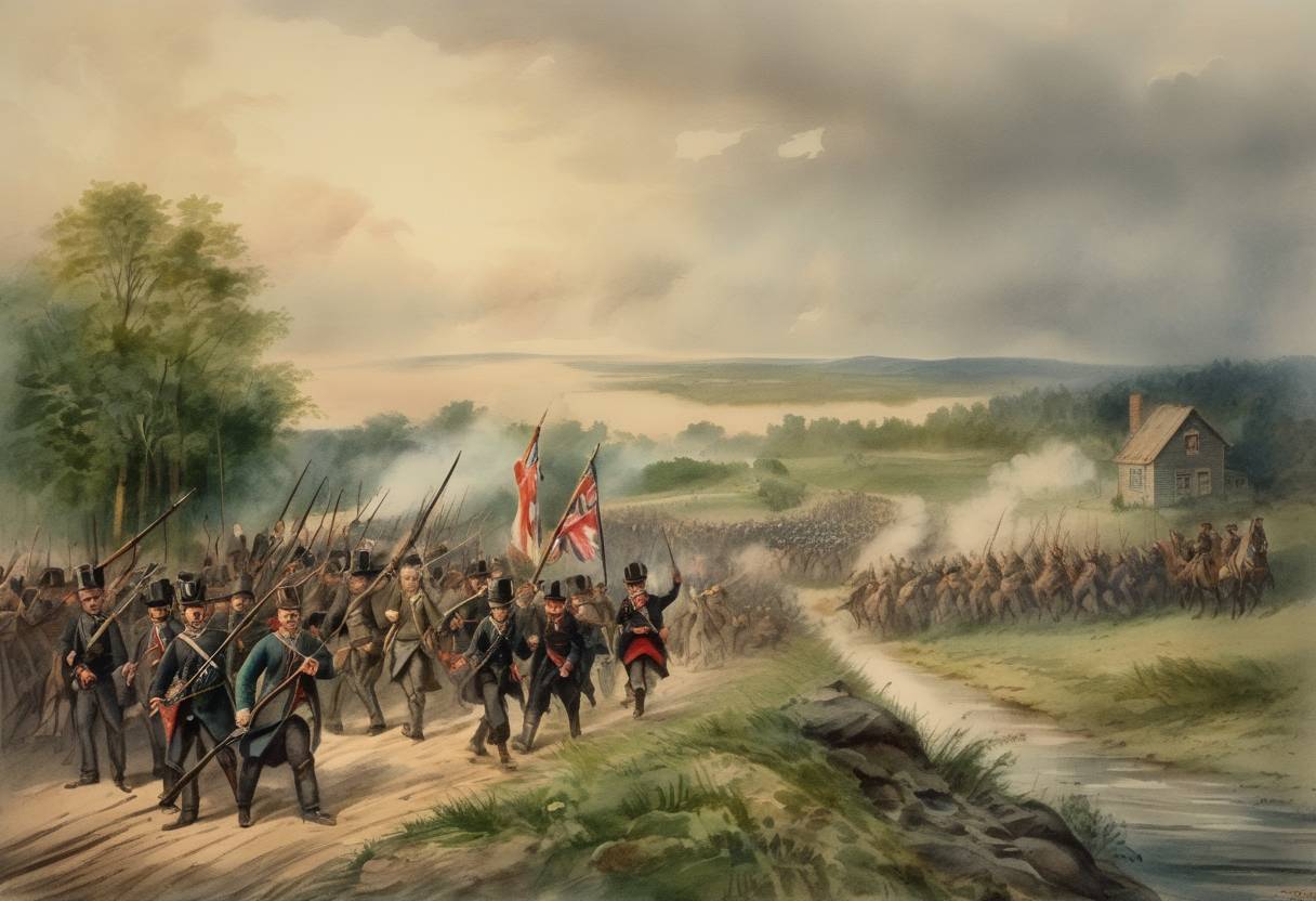 Watercolor painting based depiction of The Fenian Brotherhood, armed with Irish Americans, begins an invasion of Canada, starting with the Battle of Ridgeway during the Fenian Raids. (1866)