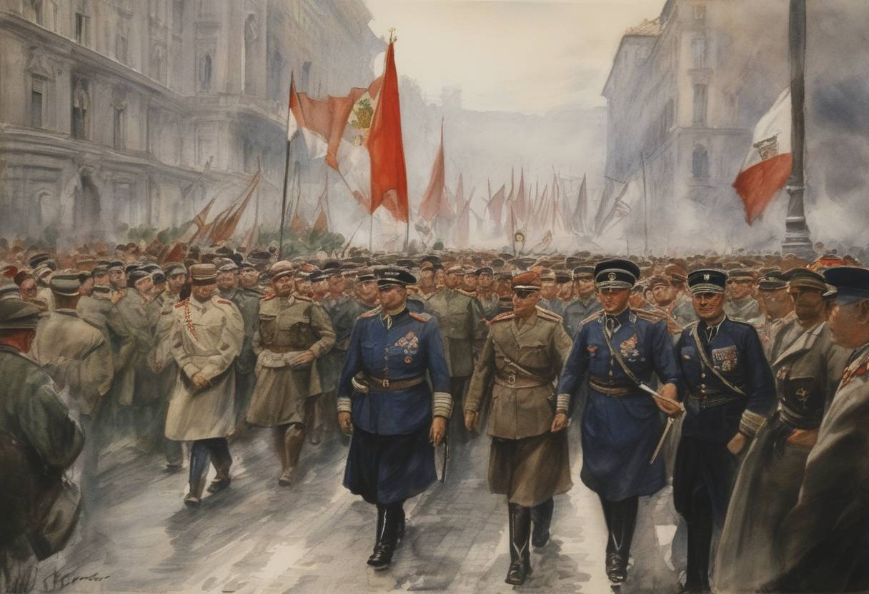 Watercolor painting based depiction of Benito Mussolini forms the Fascist Party in Italy. (1919)