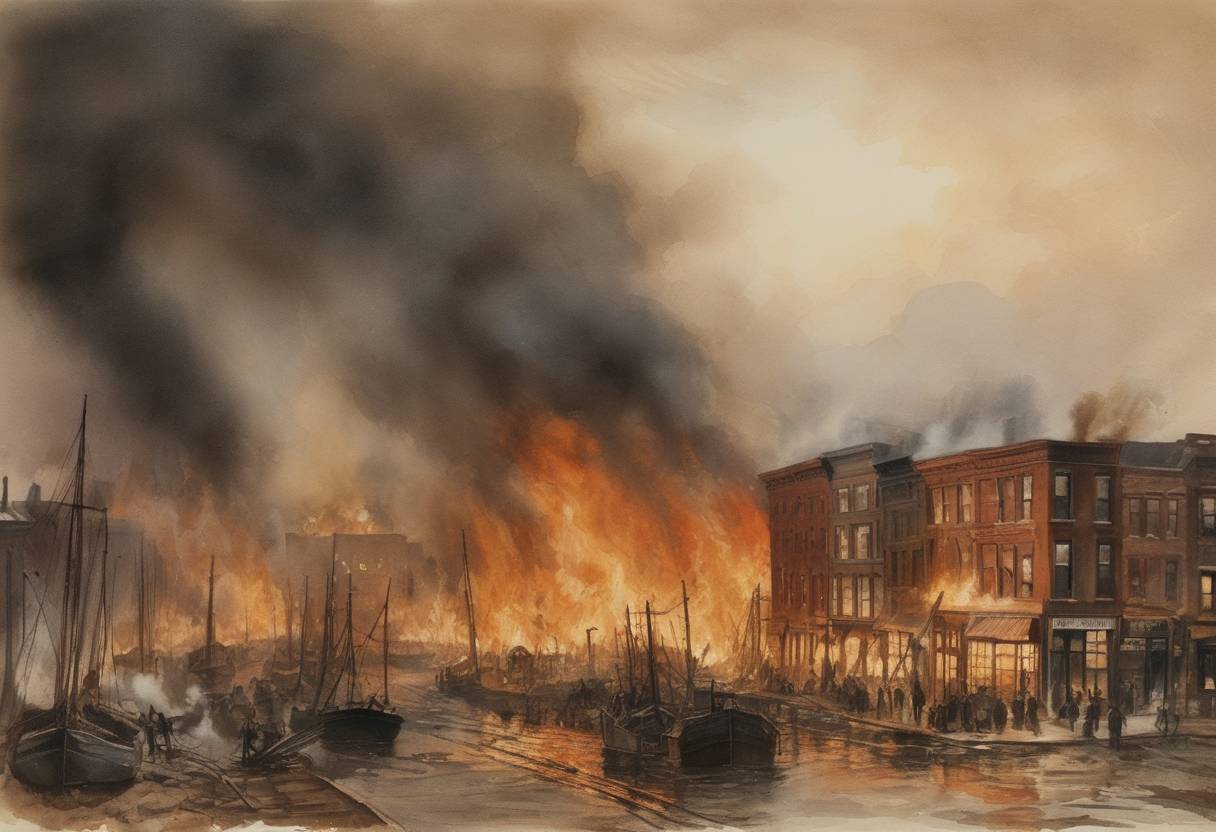 Watercolor painting based depiction of The Great Baltimore Fire begins, which would burn for over 30 hours and destroy over 1,500 buildings in Baltimore, Maryland. (1906)
