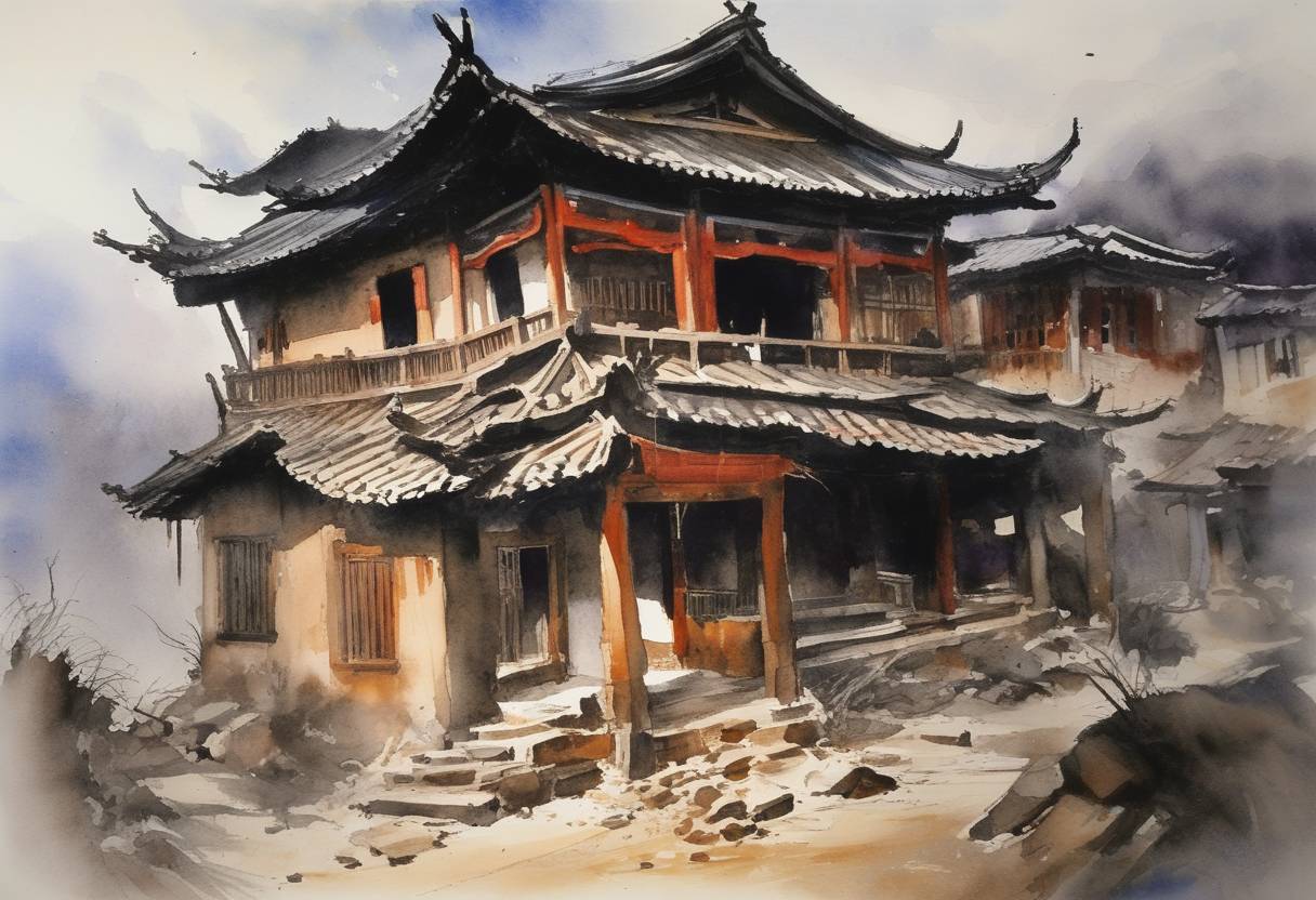 Watercolor painting based depiction of An earthquake with a magnitude of 7.0 strikes near Lijiang City in Yunnan province, China, leading to extensive damage and loss of life. (1996)