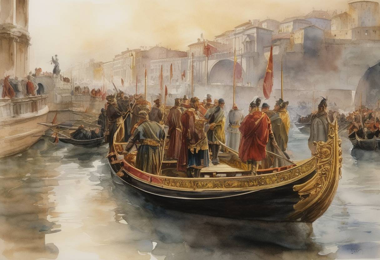 Watercolor painting based depiction of On this date, Emperor Henry IV embarked on a journey to Rome during the era of the Investiture Controversy, a conflict between the Papacy and Holy Roman Empire over the appointment of church officials. Henry's journey was part of his broader struggle with Pope Paschal II. (1101)