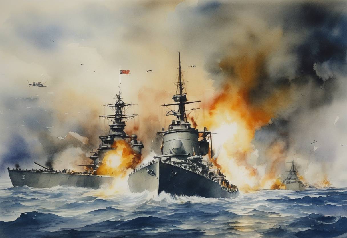 Watercolor painting based depiction of The Battle of Leyte Gulf, one of the largest naval battles in history, ended with a decisive Allied victory, further diminishing Japanese naval capabilities during World War II. (1944)