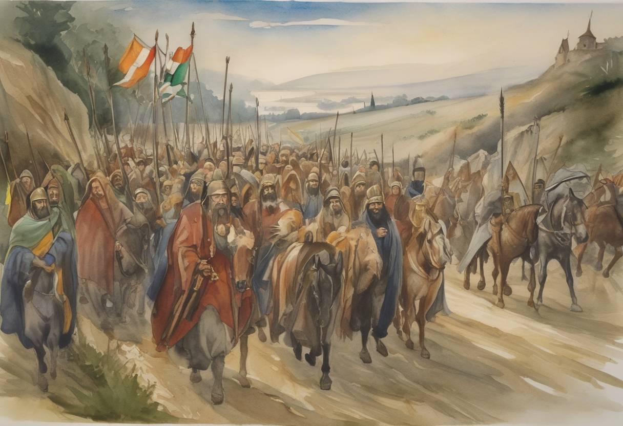 Watercolor painting based depiction of Peter the Hermit's army, part of the People's Crusade, reaches Hungary on its journey to the Holy Land. The People's Crusade was an unauthorized and unsanctioned series of popular movements, led by individuals like Peter the Hermit, before the official First Crusade began. (1096)