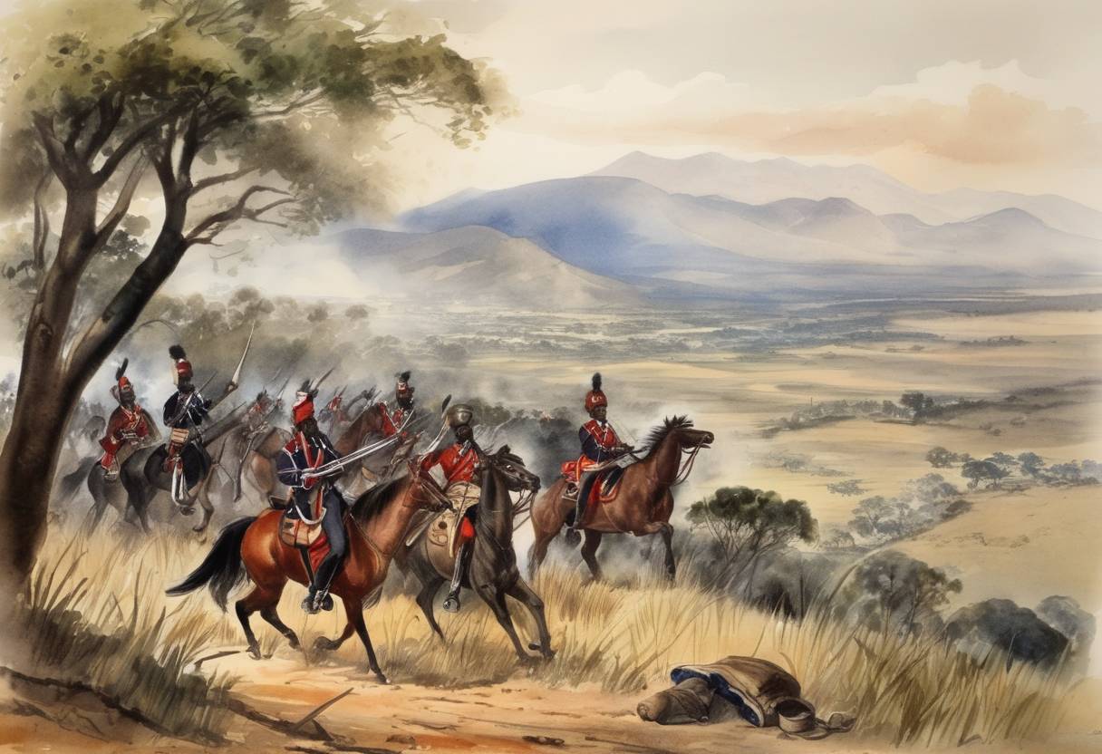 Watercolor painting based depiction of The Anglo-Zulu War began when British troops under Lieutenant General Frederic Augustus invaded as part of a plan to confederate South Africa. (1879)