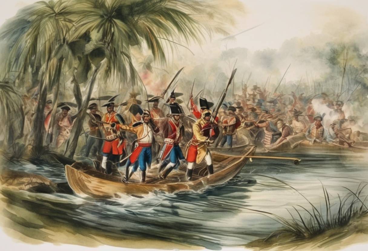 Watercolor painting based depiction of The second Seminole War continues as the Battle of Haulover Creek takes place in Florida between American forces and Seminole warriors. (1841)