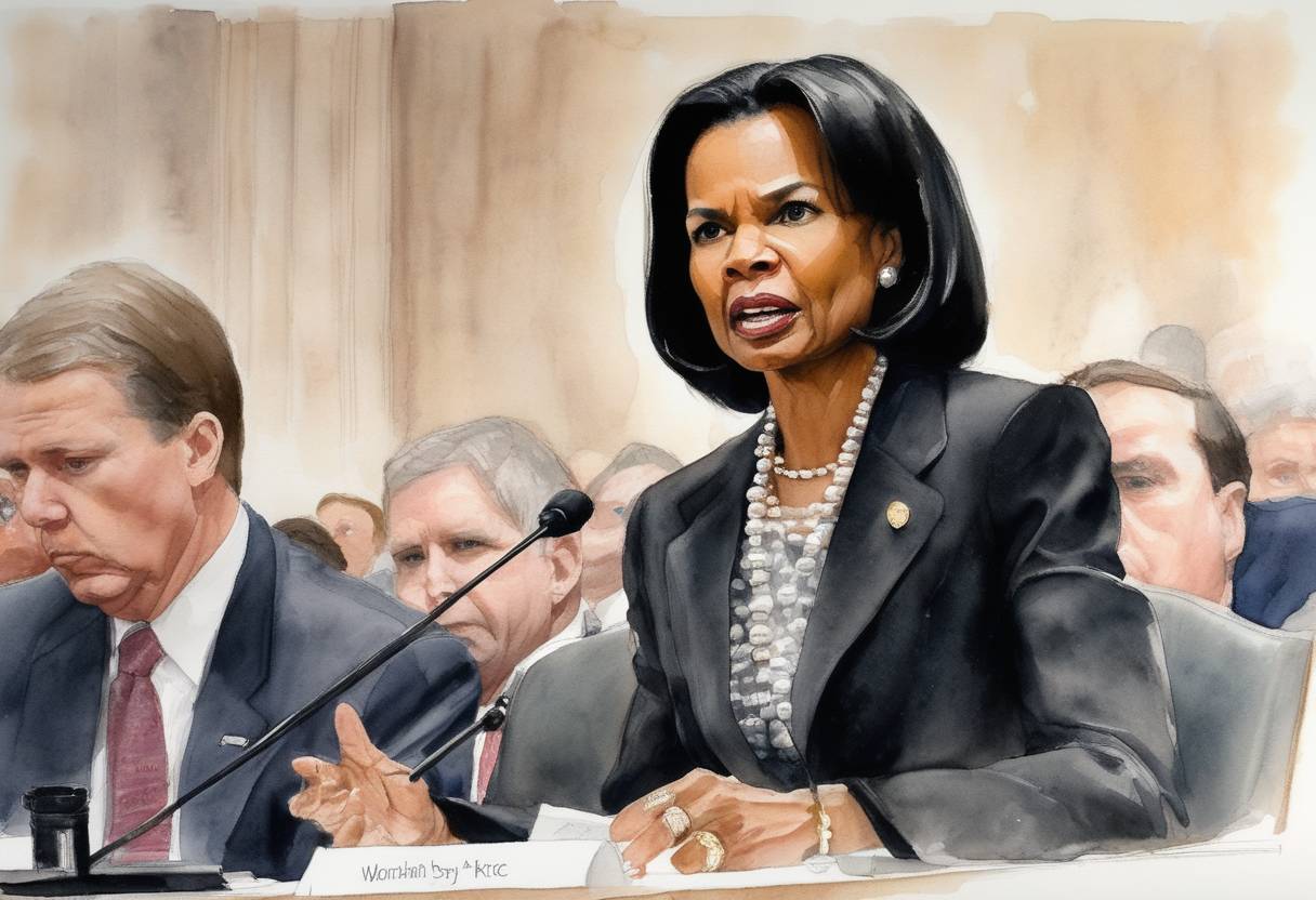 Watercolor painting based depiction of The national security advisor, Condoleezza Rice, testifies before the 9/11 Commission. (2004)