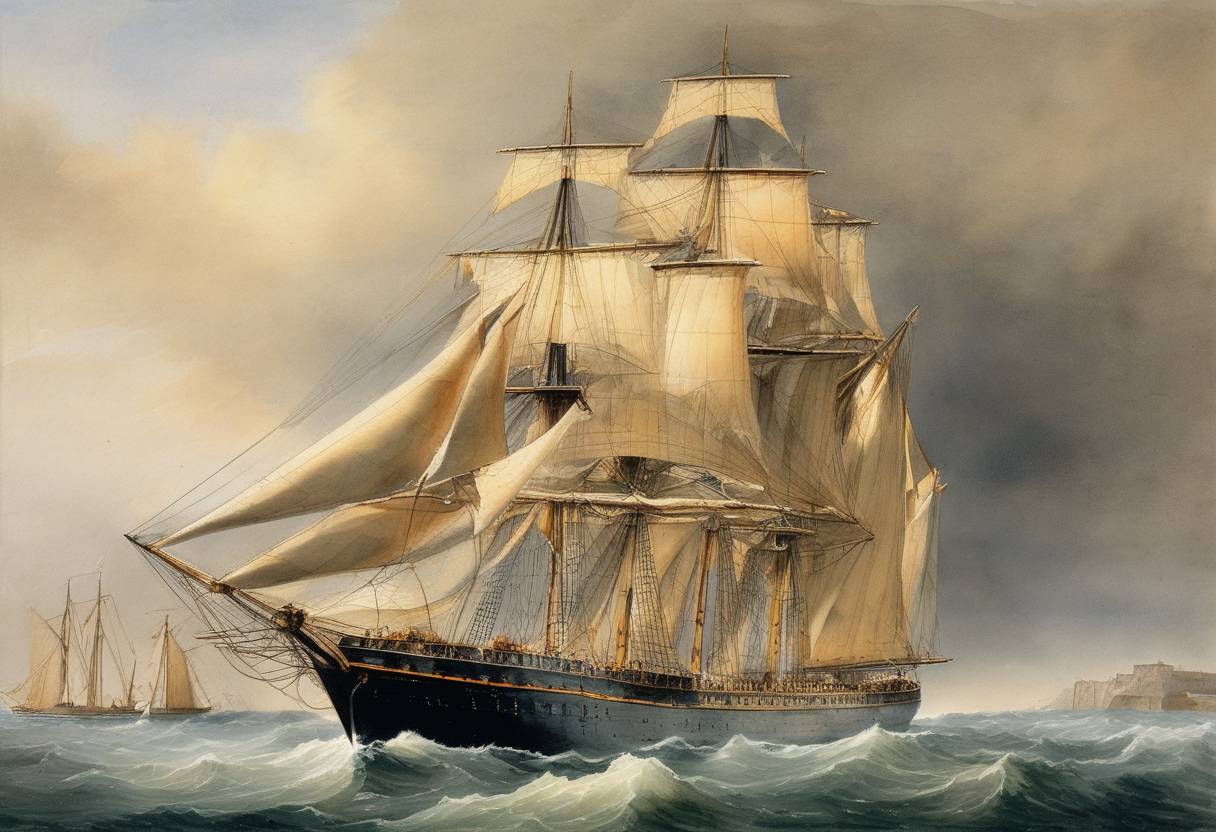 Watercolor painting based depiction of The U.S. cargo ship Mary Celeste set sail from New York Harbor to Genoa, Italy, on what would become its infamous final voyage. The ship was later discovered abandoned and adrift in the Atlantic Ocean with no trace of the crew. (1872)
