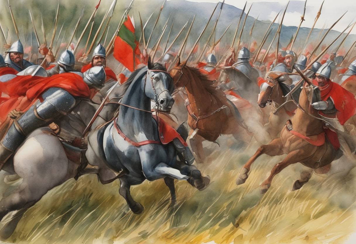 Watercolor painting based depiction of The Battle of Campaldino was fought between the Guelphs and the Ghibellines in Tuscany, Italy. (1289)