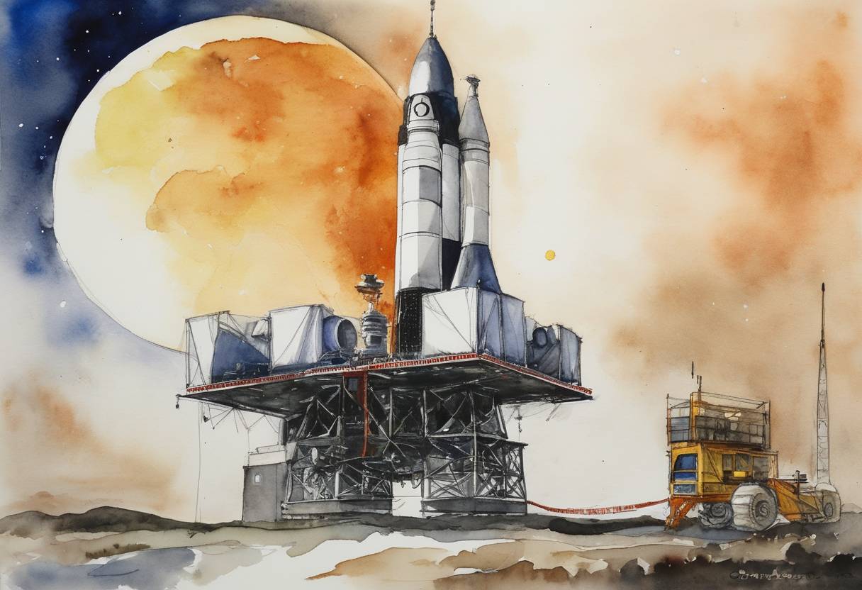 Watercolor painting based depiction of India successfully launches its first lunar mission, Chandrayaan-1, marking the country's significant step in space exploration. (2008)