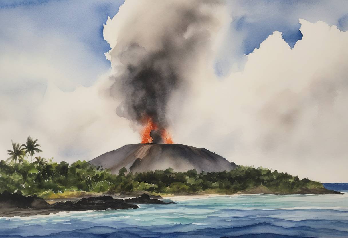 Watercolor painting based depiction of A volcanic eruption on Hunga Tonga-Hunga Haʻapai in Tonga began its most explosive series on this day, leading to a tsunami and widespread damage. (2022)