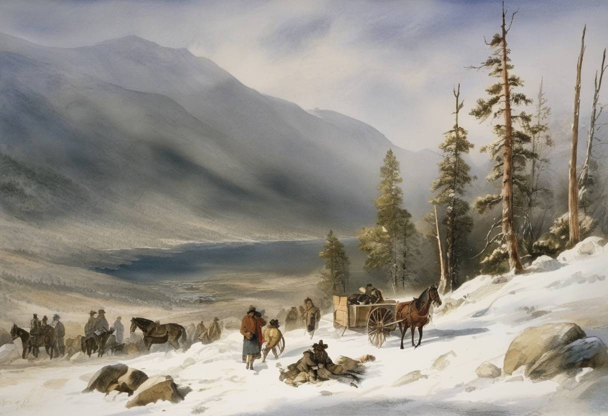 Watercolor painting based depiction of The Donner Party, a group of American pioneers, became trapped in the Sierra Nevada mountains due to early snowfall and poor planning, leading to one of the most infamous cases of survival cannibalism in American history. (1846)