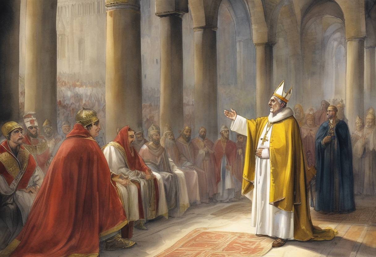 Watercolor painting based depiction of Pope Innocent III issues a papal bull proclaiming a crusade against heretical groups, most notably targeting the Cathars in Languedoc, marking the beginning of the Albigensian Crusade. (1208)