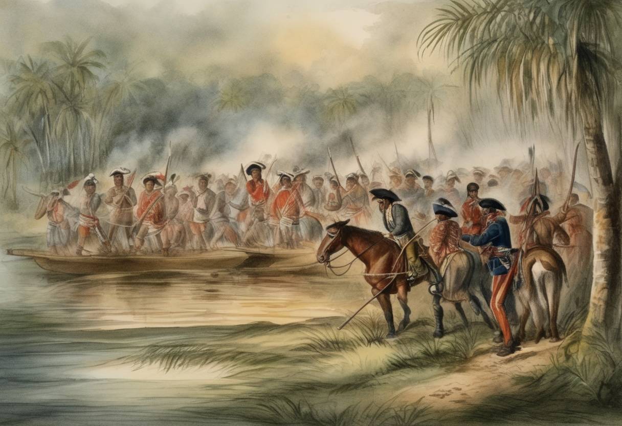 Watercolor painting based depiction of The first Seminole War between the United States and Seminole Native Americans in Florida begins. (1818)