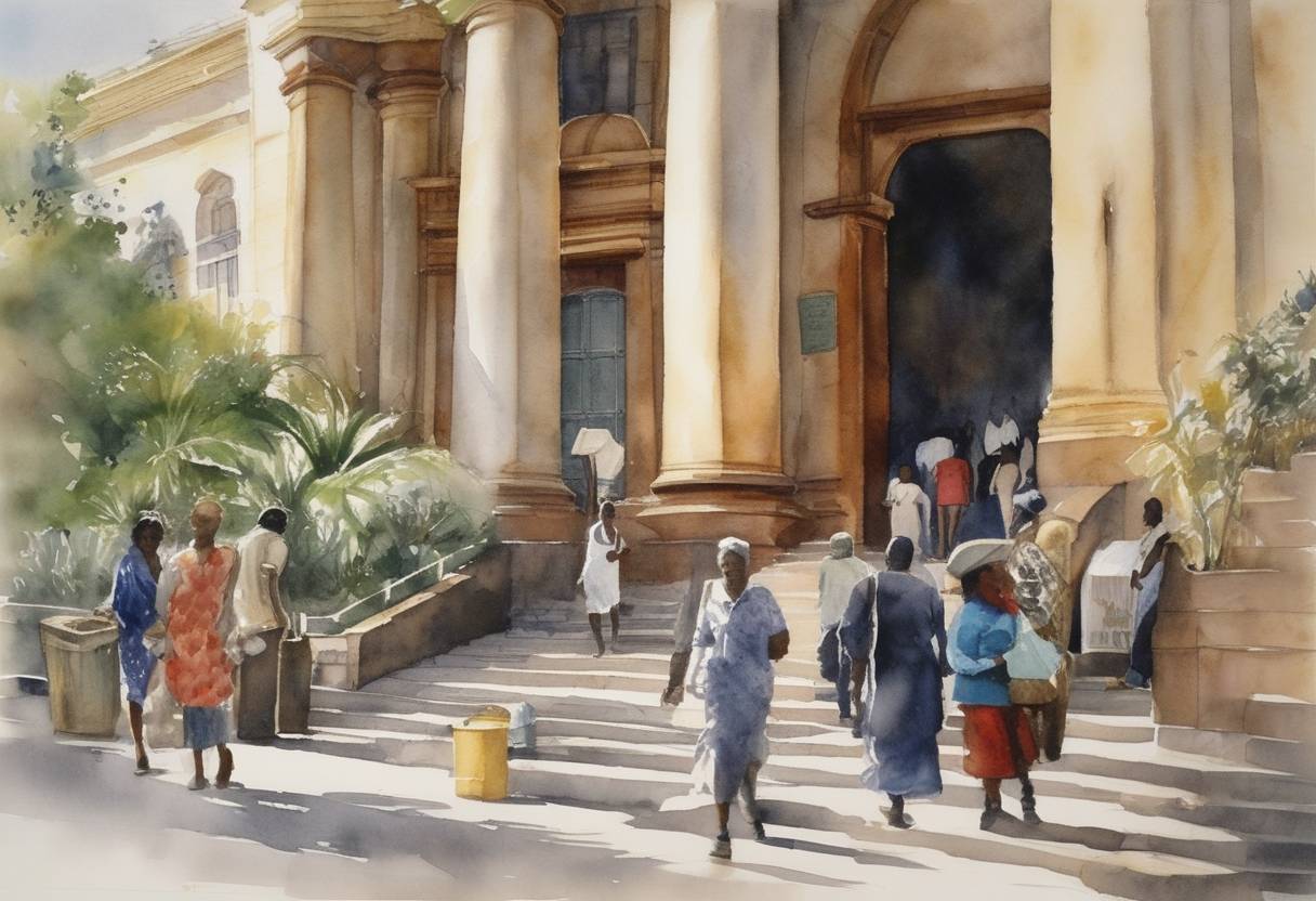 Watercolor painting based depiction of The Parliament of South Africa voted to drop racist laws that had underpinned decades of Apartheid, marking an important milestone in the nation's journey towards democracy. (1993)