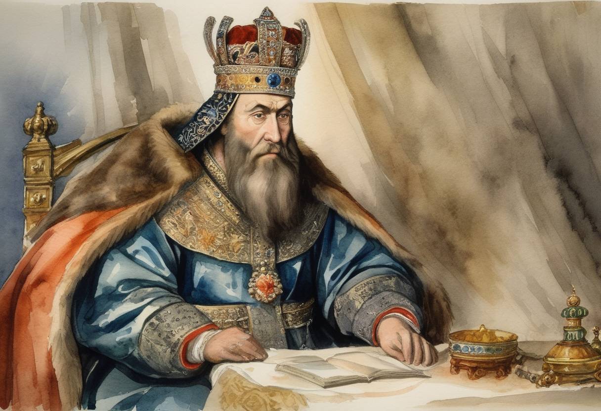 Watercolor painting based depiction of Ivan IV of Russia, known as Ivan the Terrible, was born. He was the first ruler to be crowned as Tsar of All Russia and centralized royal power, expanding Russian territory significantly during his reign. (1530)