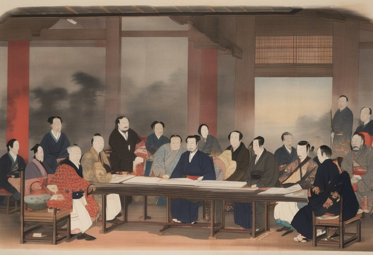 Watercolor painting based depiction of The Harris Treaty, a diplomatic accord granting the United States the right to trade in Japanese ports, was signed. (1858)