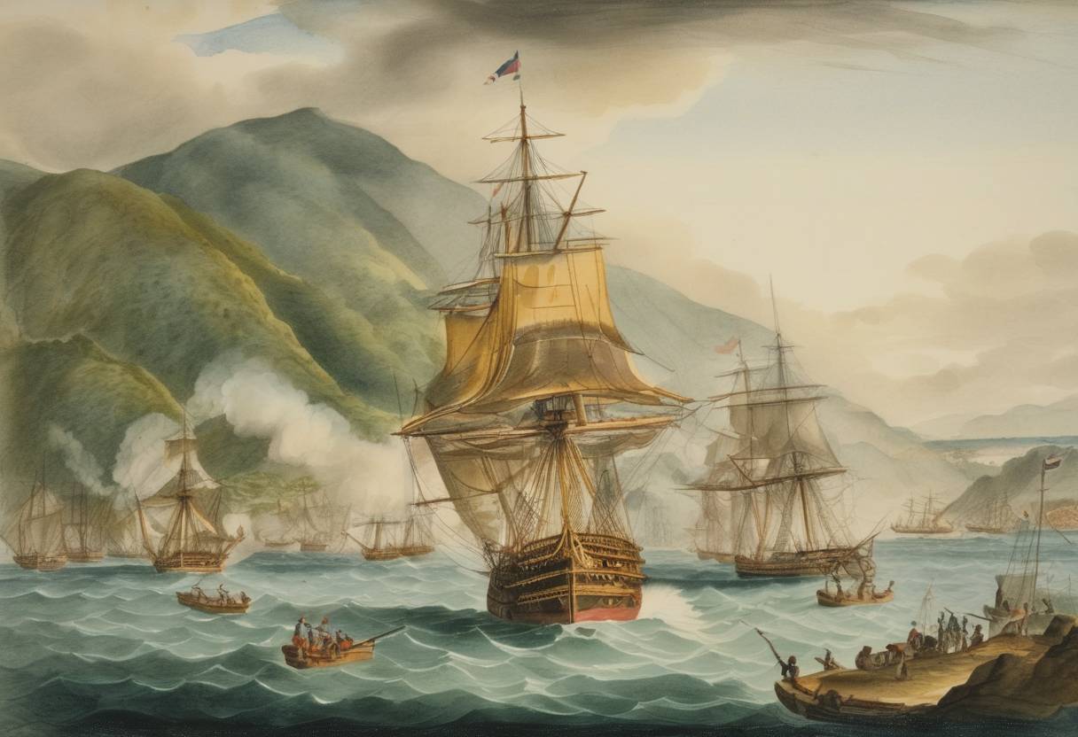Watercolor painting based depiction of The Battle of Les Saintes takes place, in which British forces defeat the French navy, asserting British naval dominance in the Caribbean. (1782)