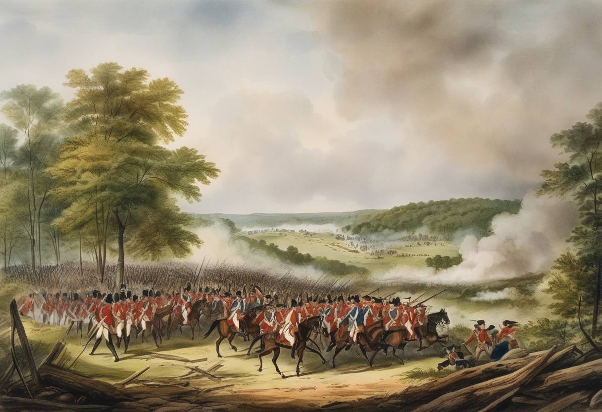 Watercolor painting based depiction of The Battle of White Plains began during the American Revolutionary War. This conflict was part of the larger British campaign to capture the strategic Hudson River Valley to cut off New England from the rest of the colonies. (1778)