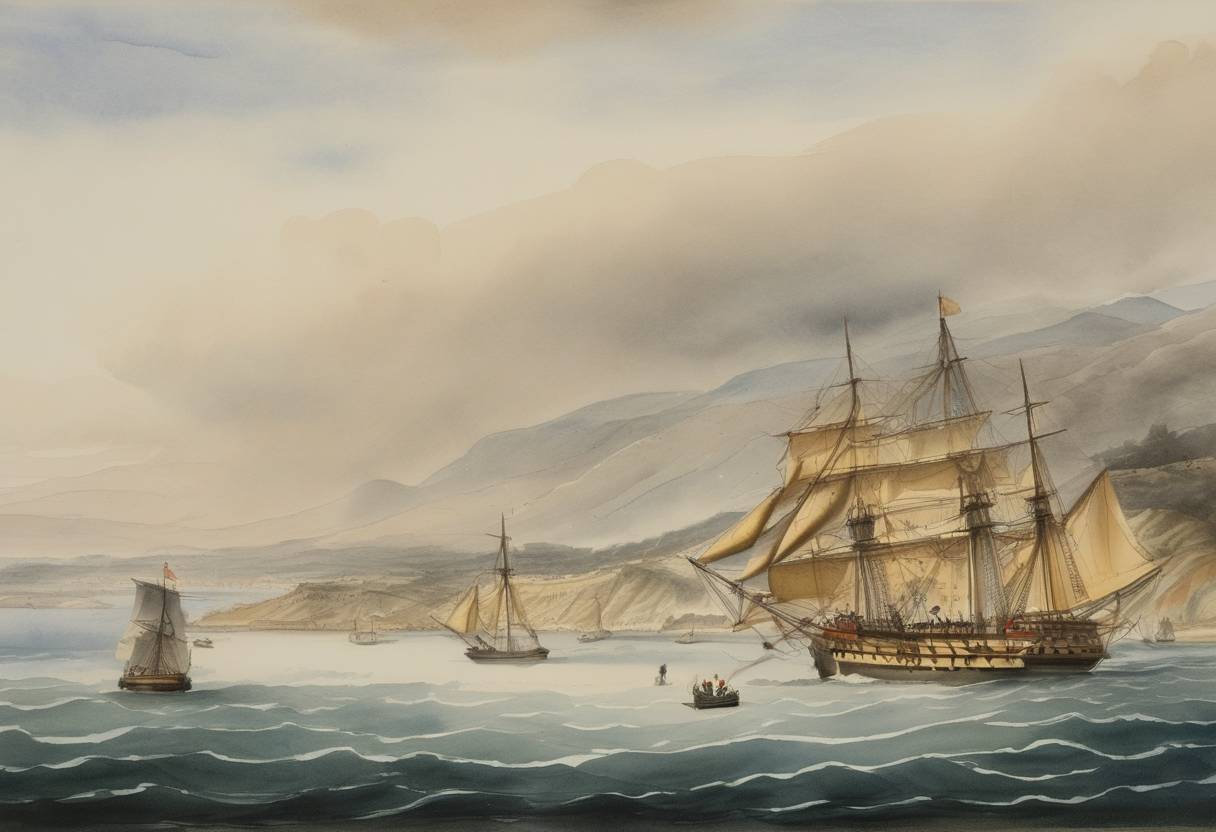 Watercolor painting based depiction of The United States annexes California during the Mexican-American War when Commodore John D. Sloat declares California a part of the United States. (1846)