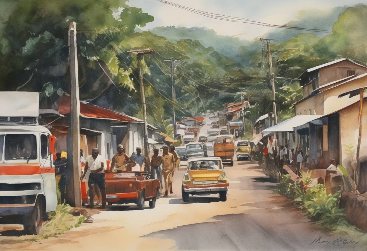 Watercolor painting based depiction of The Caribbean nation of Grenada experienced a coup d'état, led by Maurice Bishop's New Jewel Movement, which overthrew the government of Sir Eric Gairy. (1979)