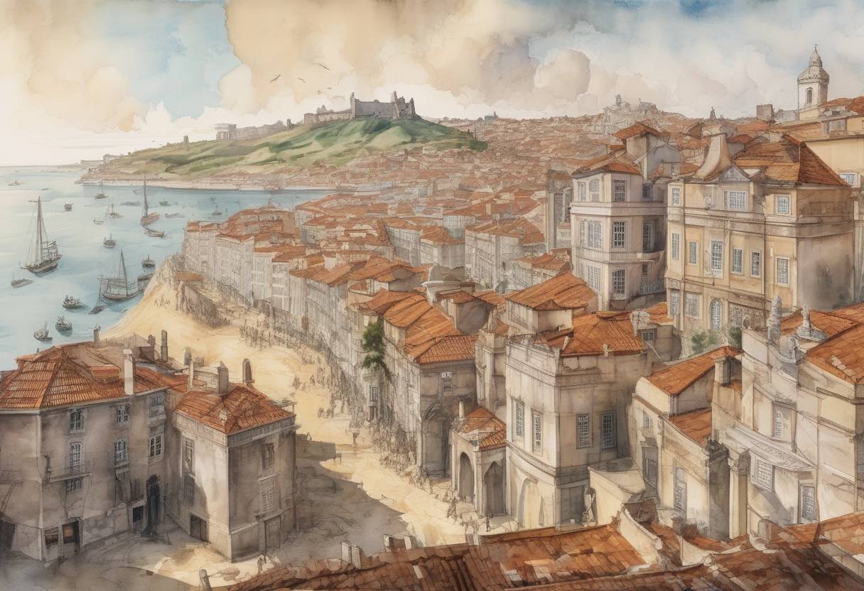 Watercolor painting based depiction of Lisbon, Portugal, was struck by a major earthquake, causing significant destruction and loss of life. (1531)