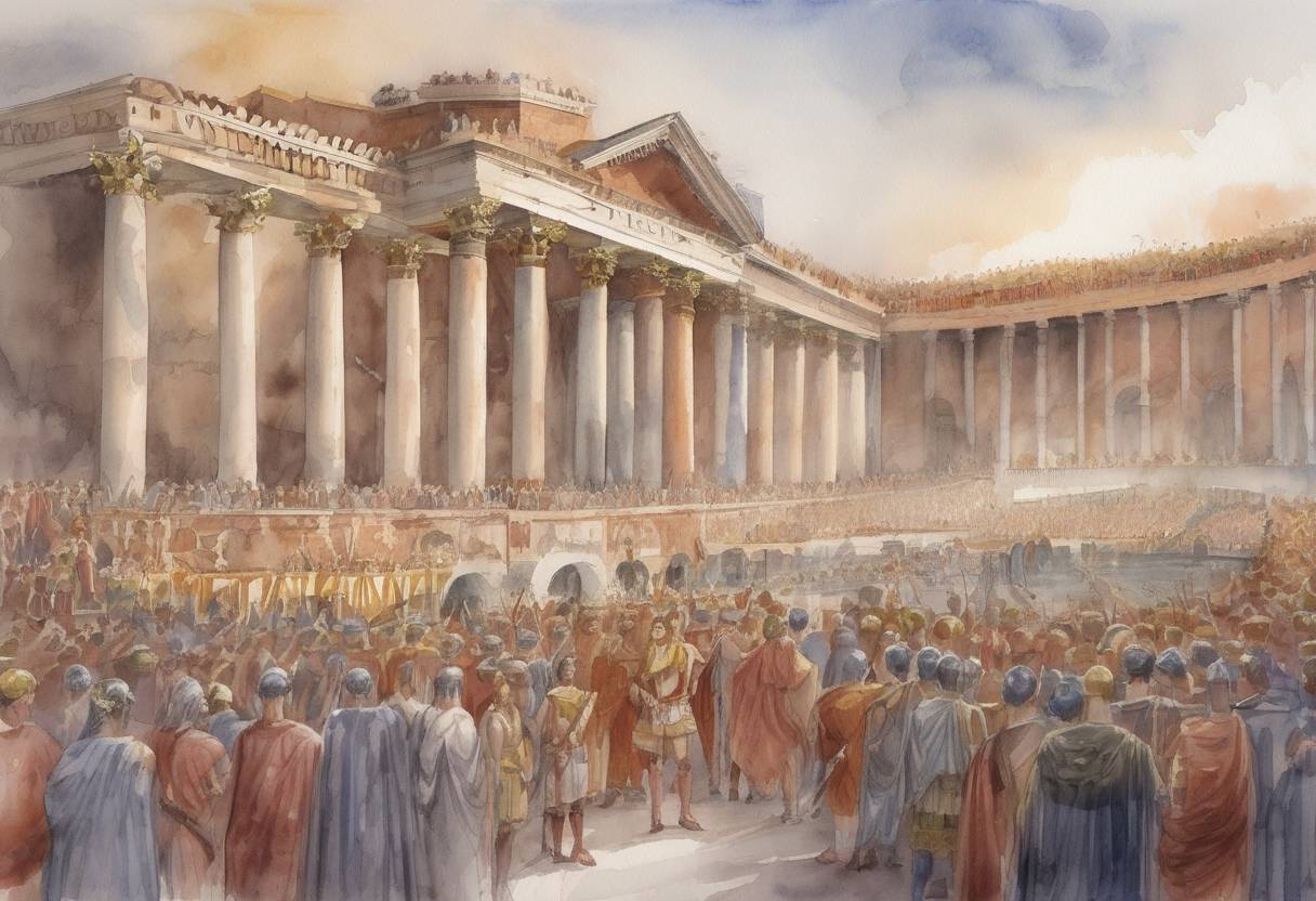 Watercolor painting based depiction of The Western Roman Emperor Julius Nepos was forced to flee Ravenna after a coup led by the Roman general Orestes, who declared his own son, Romulus Augustulus, as emperor. (475)