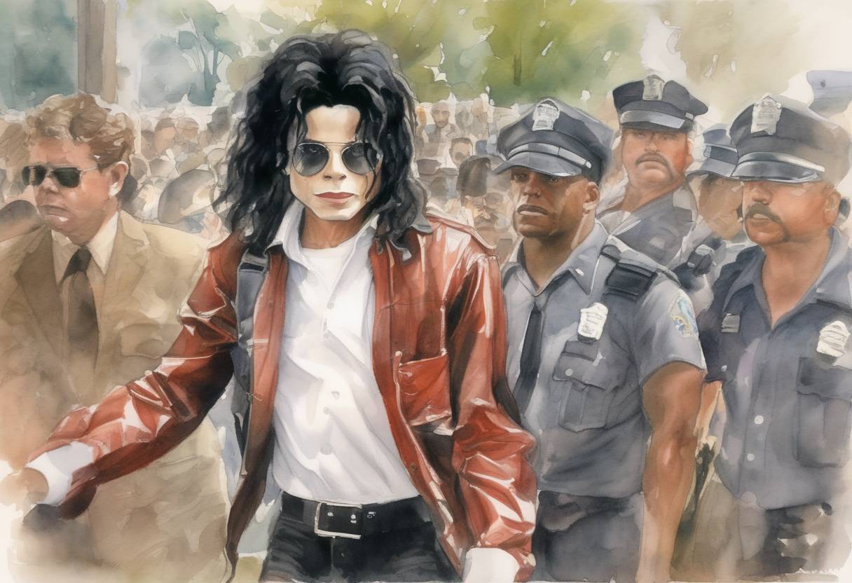 Watercolor painting based depiction of Michael Jackson was arrested on charges of child molestation. The case gained significant media attention and led to a highly publicized trial. (2003)