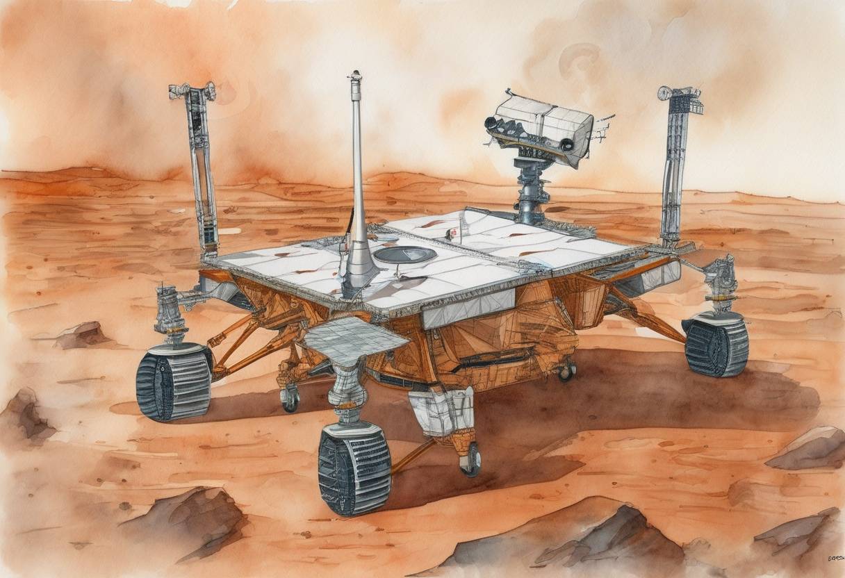 Watercolor painting based depiction of India launches the Mars Orbiter Mission (Mangalyaan), its first interplanetary mission, marking a significant milestone in its space program. (2013)