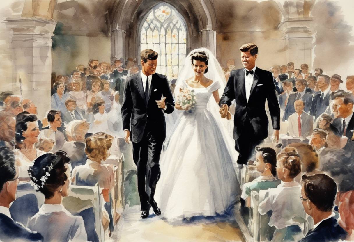 Watercolor painting based depiction of John F. Kennedy married Jacqueline Bouvier in a ceremony held at St. Mary's Church in Newport, Rhode Island. (1953)