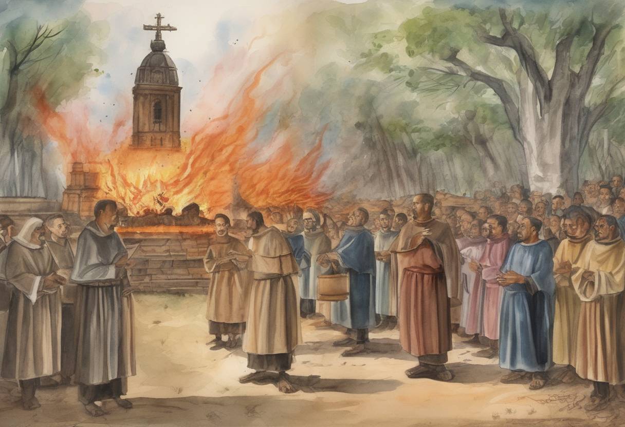 Watercolor painting based depiction of Fray Diego de Landa, a Spanish Franciscan priest, ordered the burning of Maya codices and idols in Maní, Yucatán, an event that led to the loss of much of the Mayan written history. (1562)