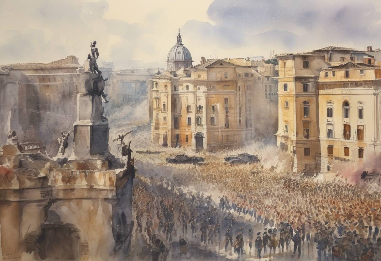 Watercolor painting based depiction of Italy surrenders to the Allies during World War II. (1943)