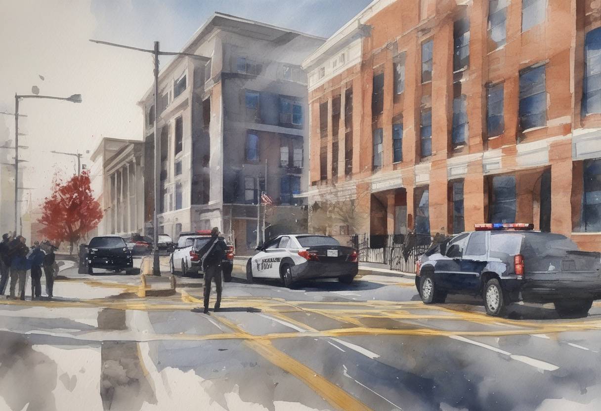 Watercolor painting based depiction of A mass shooting took place at the Washington Navy Yard in Washington, D.C., where a lone gunman killed 12 people and injured three others before being shot dead by police. (2013)