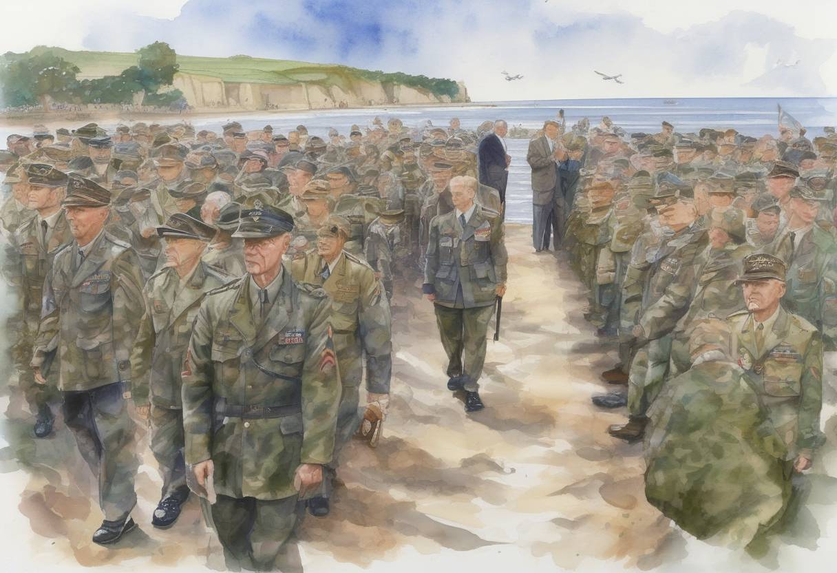 Watercolor painting based depiction of The 60th anniversary of D-Day was commemorated with ceremonies attended by world leaders, including U.S. President George W. Bush and French President Jacques Chirac, in Normandy, France. (2004)