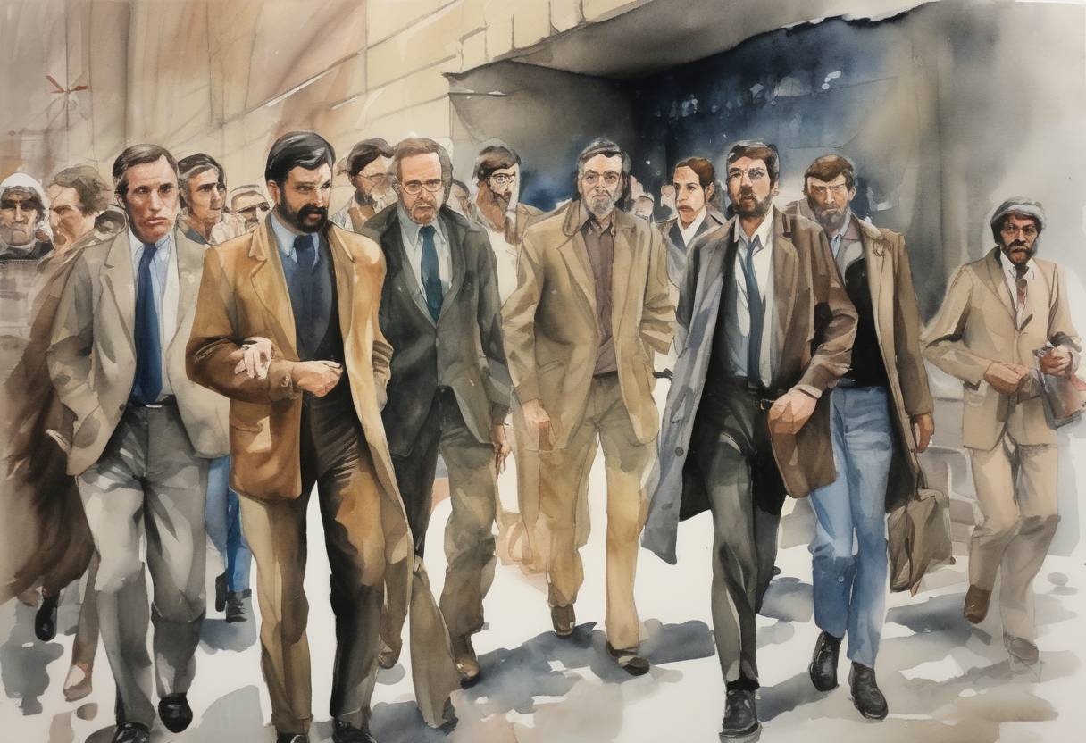 Watercolor painting based depiction of Canadian Caper: Six American diplomats, who had avoided capture in the Iran hostage crisis, escape Iran using Canadian passports. (1980)