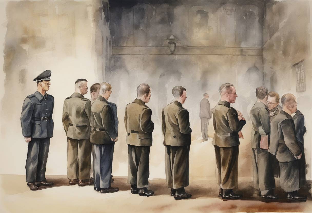 Watercolor painting based depiction of Ten Nazi war criminals are executed in Nuremberg following the Nuremberg Trials, marking a significant moment in post-World War II justice. (1946)