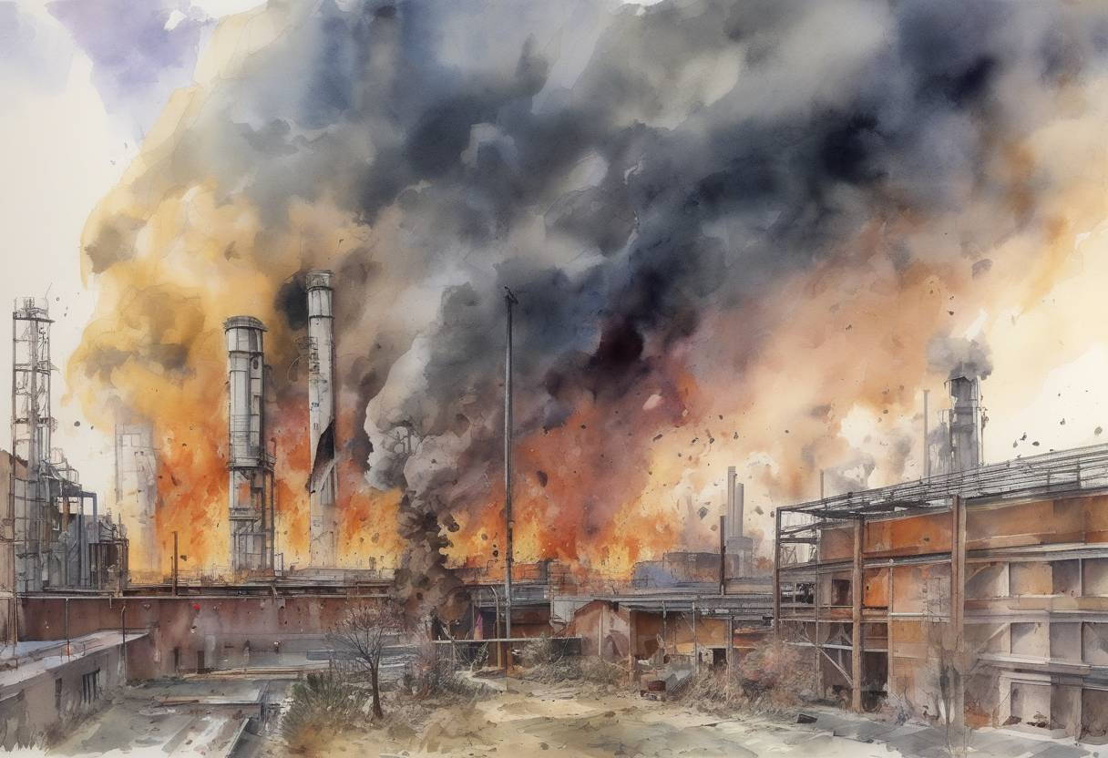 Watercolor painting based depiction of The AZF chemical factory explosion occurred in Toulouse, France, resulting in 31 deaths and over 2,500 injuries. The explosion caused significant damage to the surrounding area and raised questions about industrial safety. (2001)