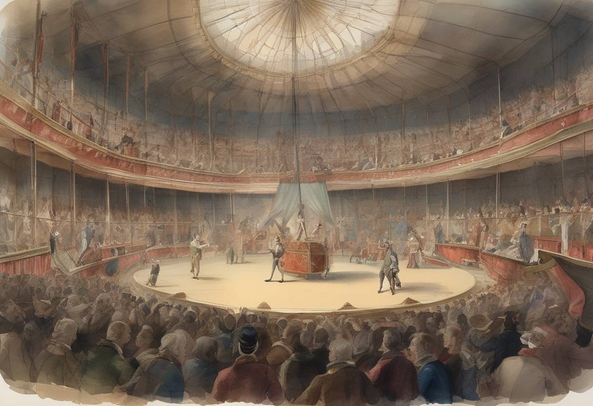 Watercolor painting based depiction of Philip Astley staged the first modern circus in London. (1768)