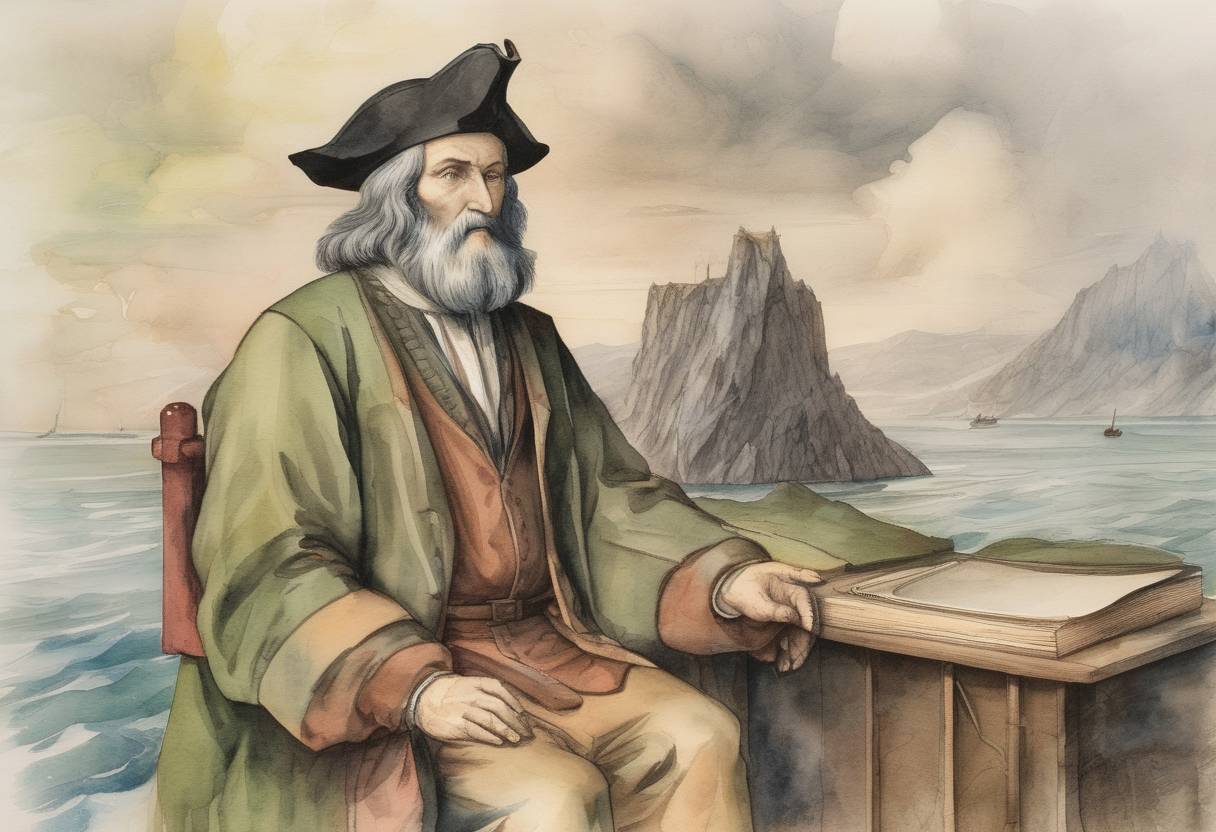 Watercolor painting based depiction of John Cabot, an Italian navigator and explorer, landed in North America, likely on the coast of Newfoundland, claiming the land for England. (1497)