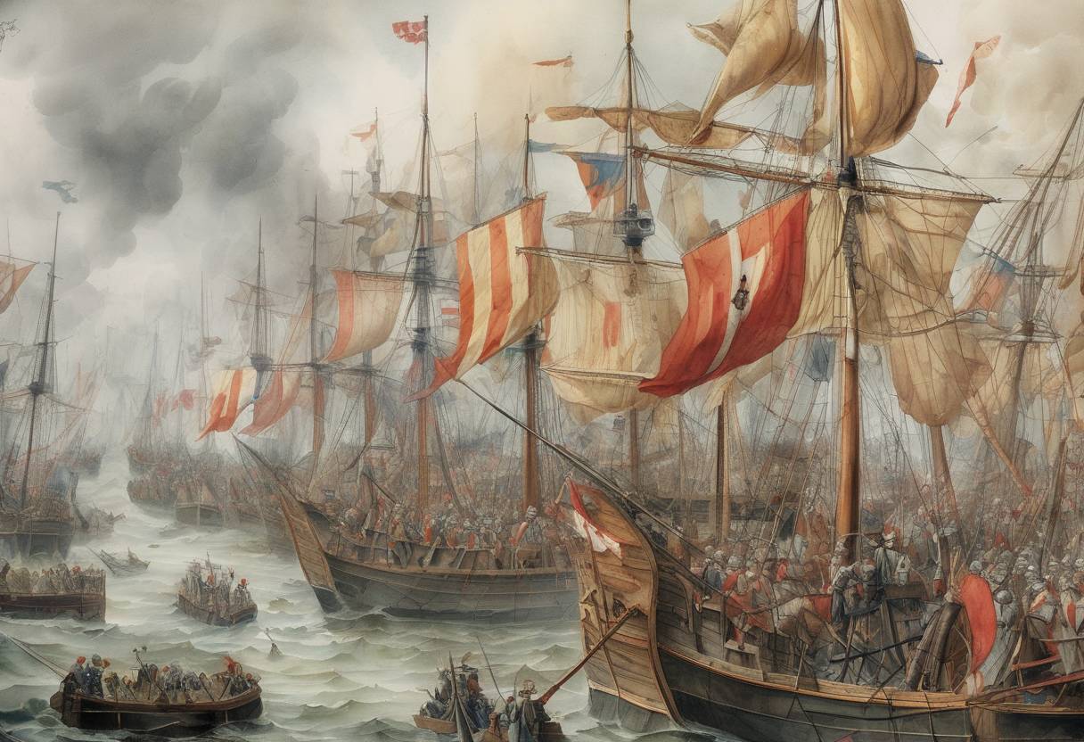 Watercolor painting based depiction of The Battle of Sluys takes place during the Hundred Years' War, resulting in a significant naval victory for the English fleet over the French. (1340)