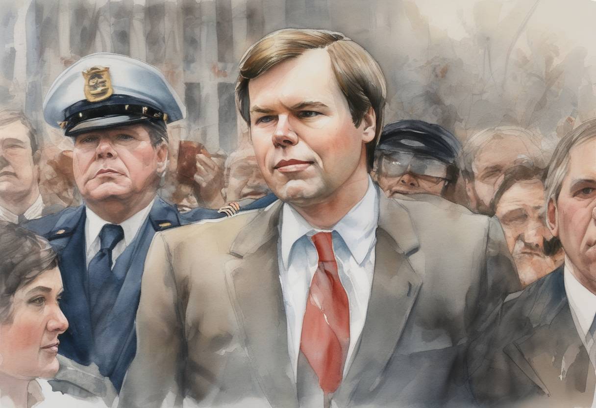 Watercolor painting based depiction of John Hinckley Jr. was found not guilty by reason of insanity for the attempted assassination of U.S. President Ronald Reagan. (1982)