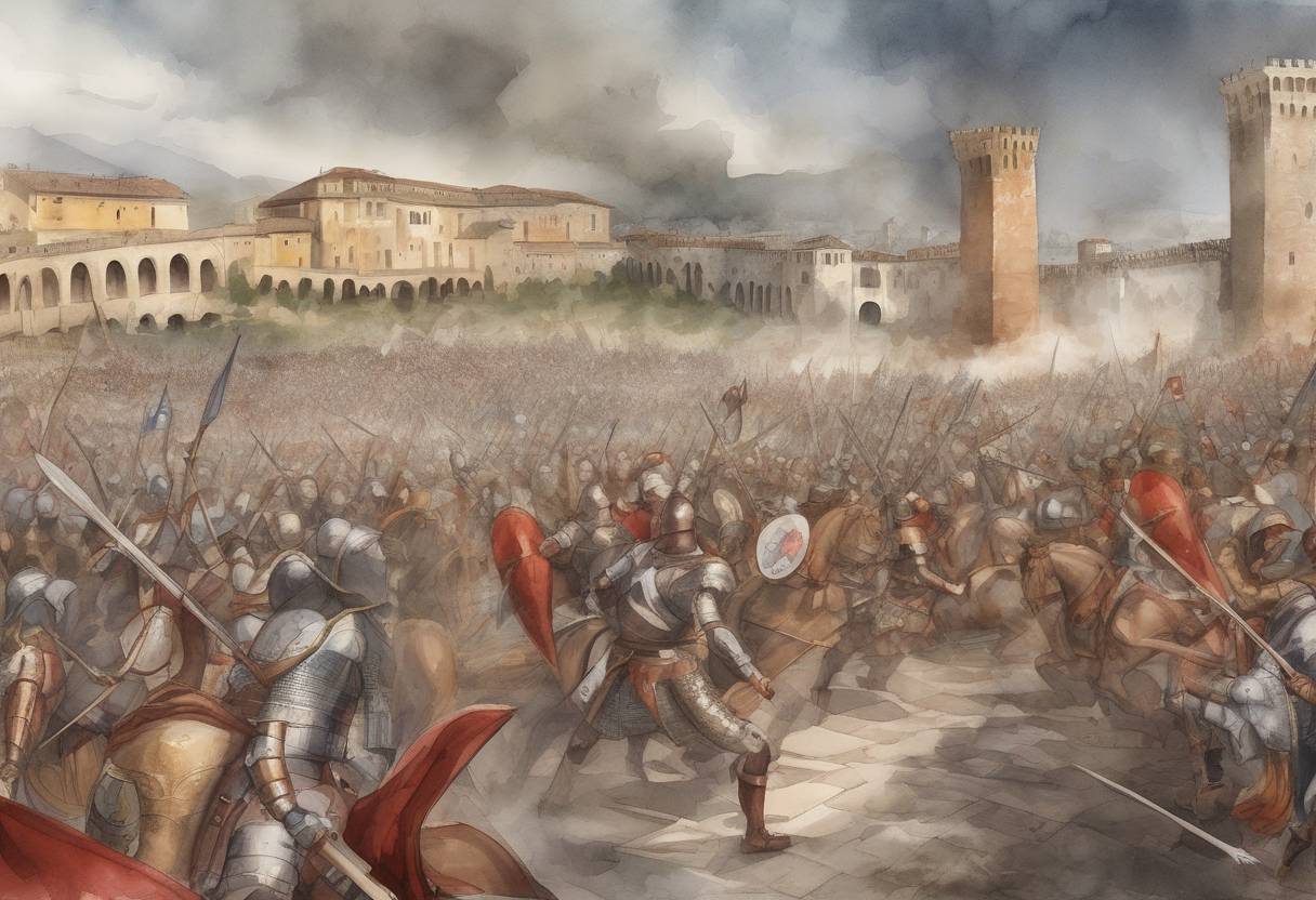 Watercolor painting based depiction of The Battle of Verona took place, where Theodoric the Great, king of the Ostrogoths, defeated Odoacer, the king of Italy, leading to the eventual establishment of the Ostrogothic Kingdom in Italy. (489)