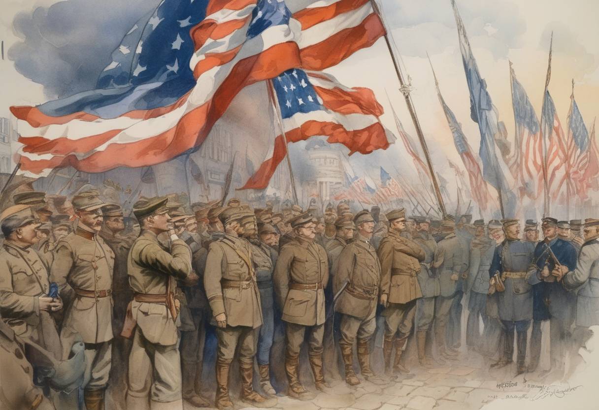Watercolor painting based depiction of The United States declares war on Austria-Hungary during World War I. (1917)