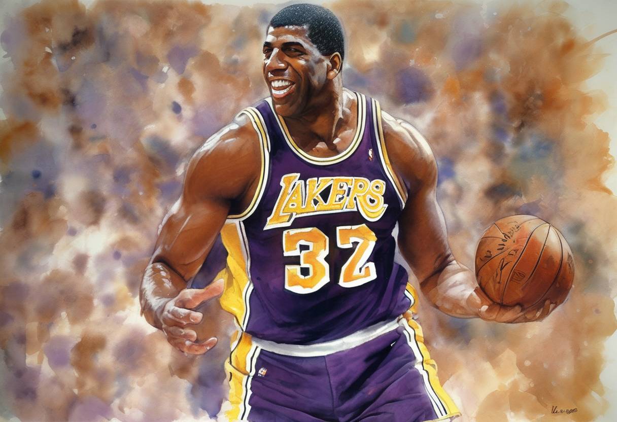 Watercolor painting based depiction of Magic Johnson announced his retirement from the NBA after testing positive for HIV, raising awareness about the disease. (1991)